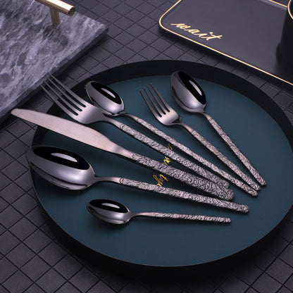 Embossed Textured Handle Steak Cutlery – Elegant Western Style Knife & Fork Set